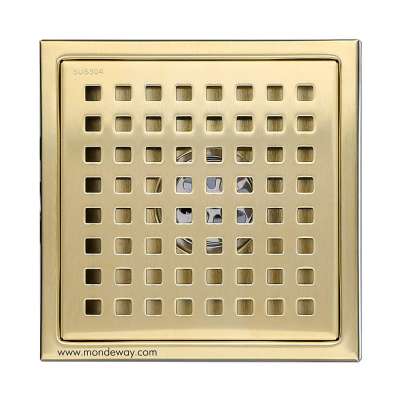 Square Shower Floor Drain with Removable Cover Grid Grate 6 inch Long SUS 304 Stainless Steel Brushed Gold Brass Finished